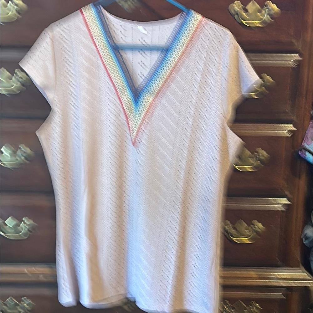 White Knit Top with Multicolor V-Neck